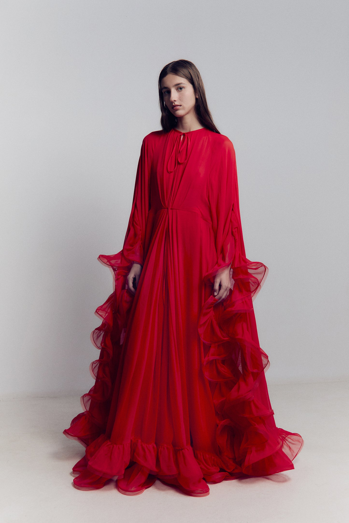 RUFFLE CAPE MAXI DRESS