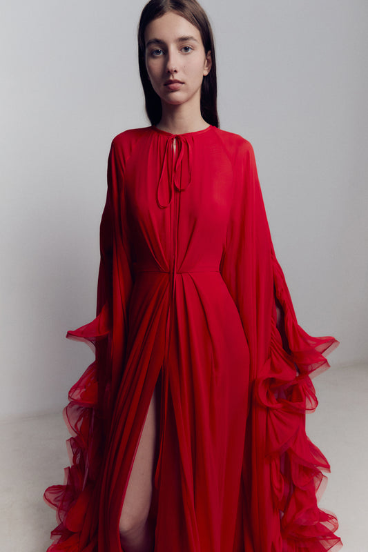 RUFFLE CAPE MAXI DRESS