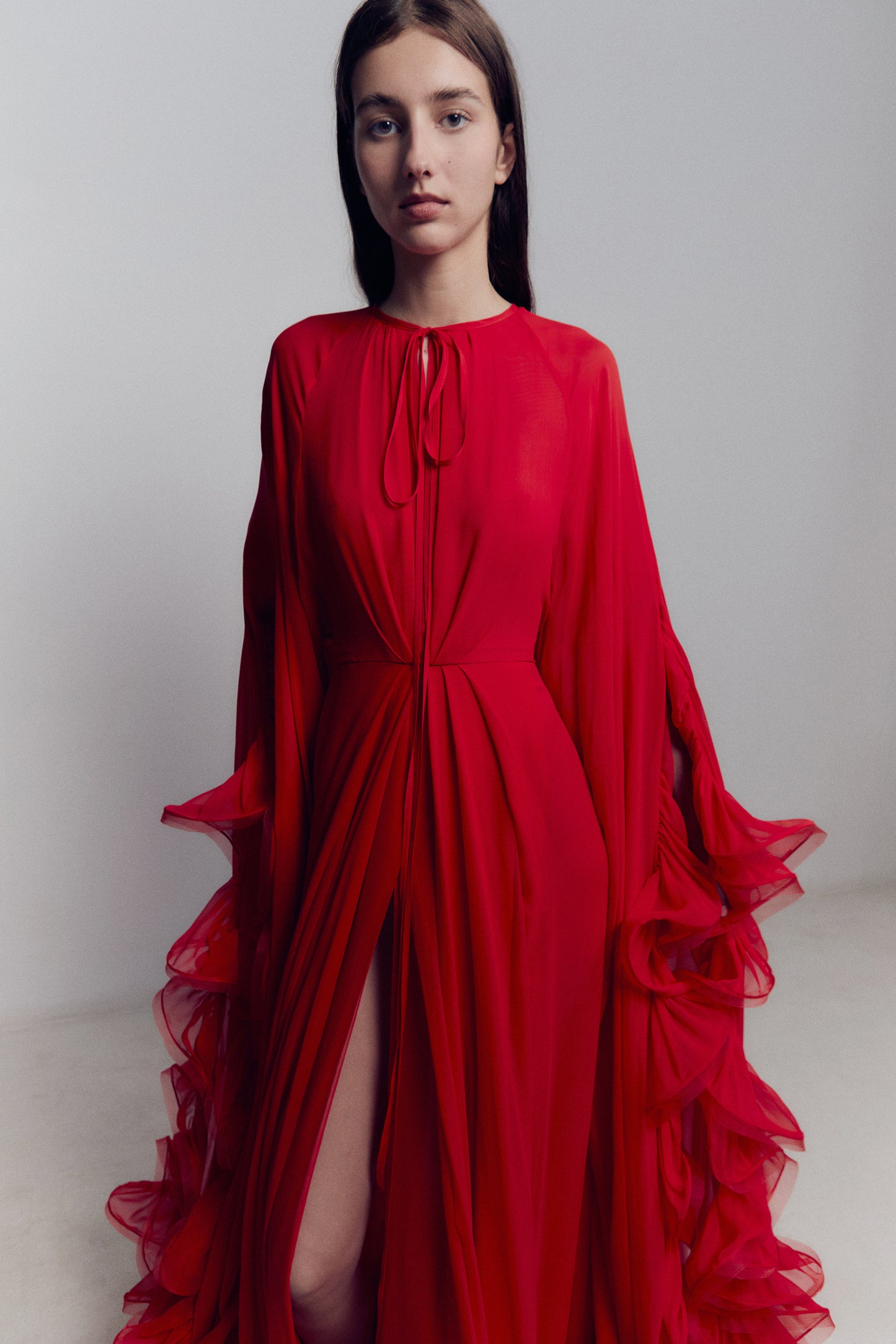 RUFFLE CAPE MAXI DRESS