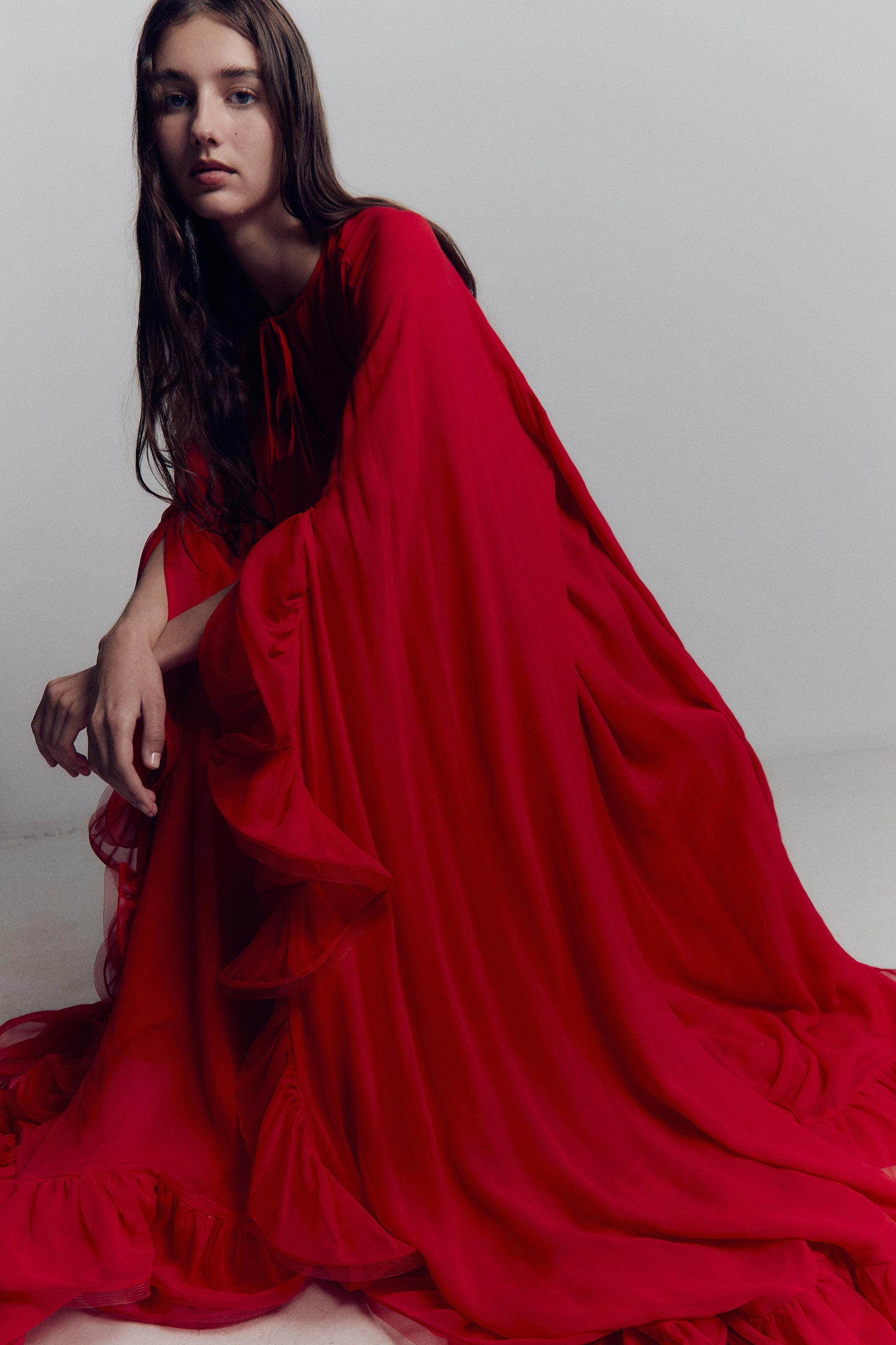 RUFFLE CAPE MAXI DRESS